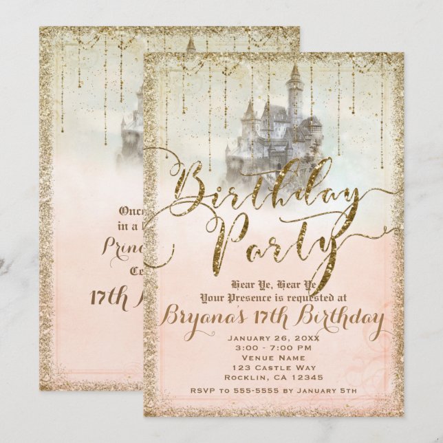 Gold Glitzer Fairytale Storybook Burg Wilhelm Tell Einladung (Vorne/Hinten)