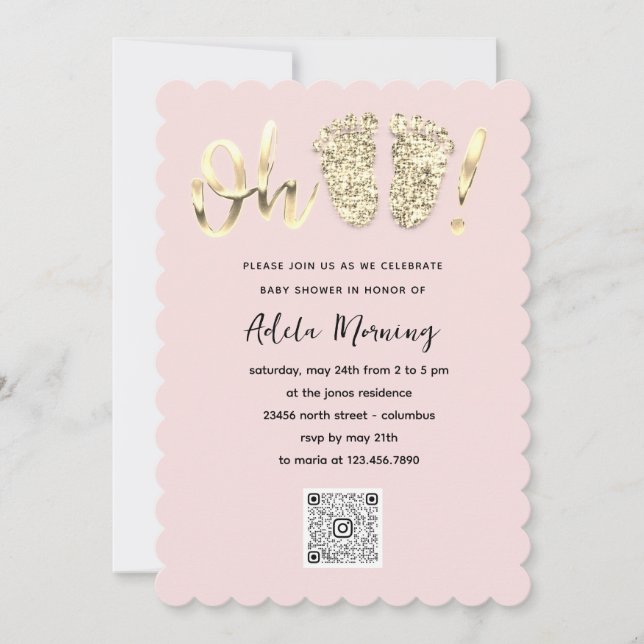 Gold Glitzer Feet Baby Girl Boy QR CODE Pulver Einladung (Vorderseite)