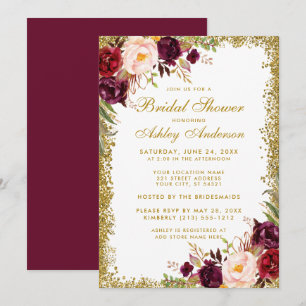 Gold Glitzer Floral Burgundy Brautparty Einladung