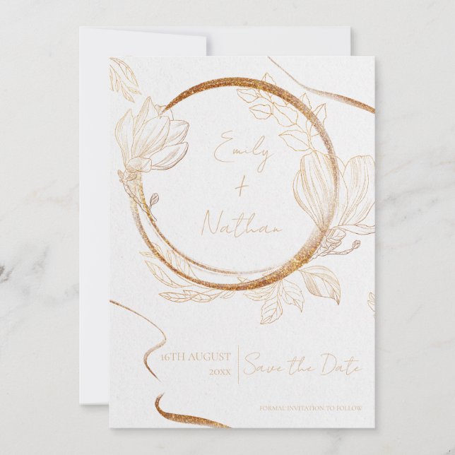 Gold Glitzer Floral Elegante Hochzeit Save the Dat Einladung (Vorderseite)