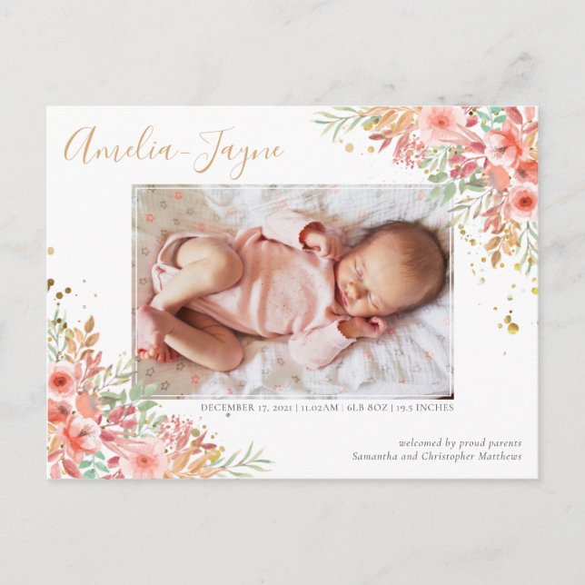 Gold Glitzer Floral Foto Girl Geburtserklärung Postkarte (Vorderseite)