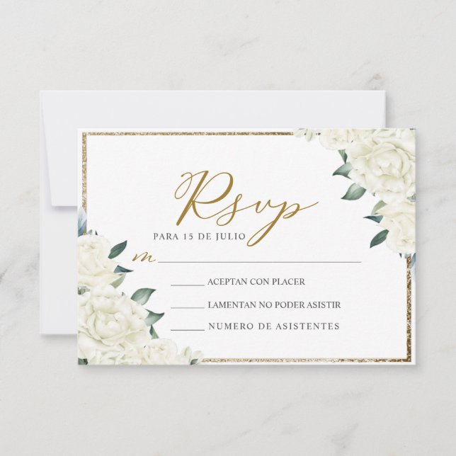 Gold Glitzer Floral Nuestra Boda Wedding RSVP Einladung (Vorderseite)