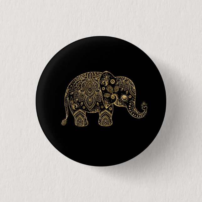 Gold Glitzer Floral Paisley Elephant Illustration Button (Vorderseite)