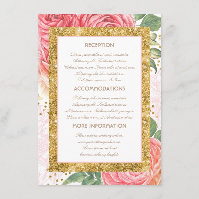 Gold Glitzer Floral Wedding Information Guest Card Begleitkarte (Vorderseite)