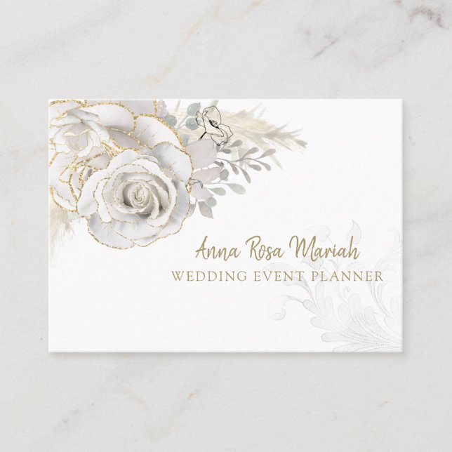 *~* Gold Glitzer Floral White Rose Blume Elegant  Visitenkarte (Vorderseite)