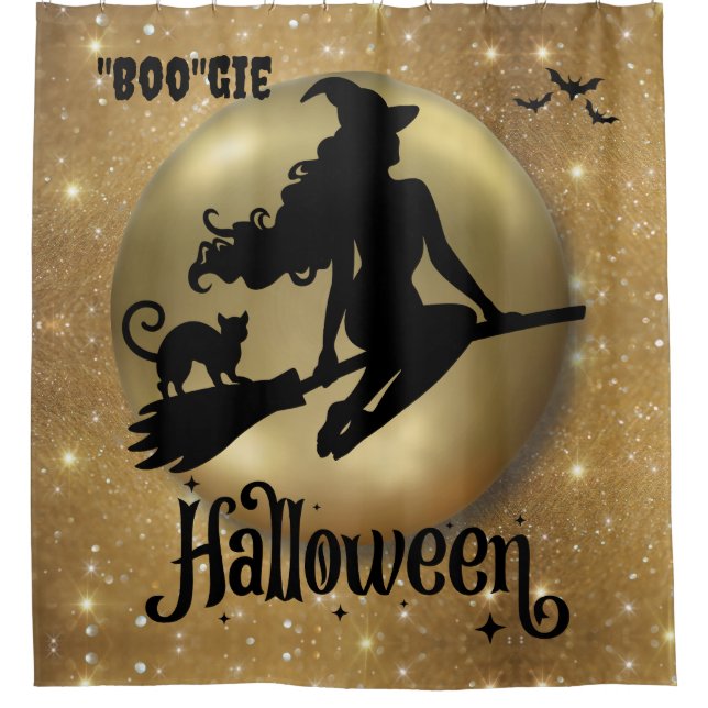 Gold Glitzer Flying Witch Bougie Duschvorhang (Vorderseite)