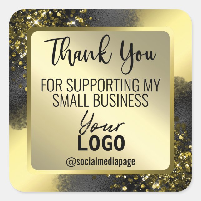 Gold Glitzer Foil Black Danke Business Logo Quadratischer Aufkleber (Vorderseite)
