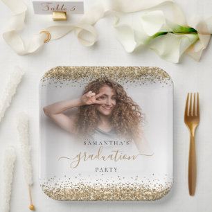 Gold Glitzer Foto Name Abschluss 2024 Party Pape Pappteller