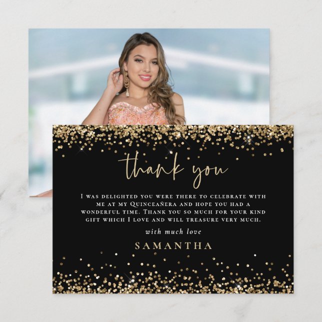 Gold Glitzer Foto Quinceañera Vielen Dank Mitteilungskarte (Vorne/Hinten)