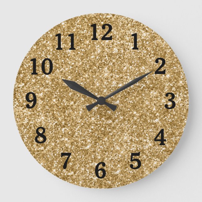 Gold Glitzer Foto Schwarze Zahlen Große Wanduhr (Vorderseite)