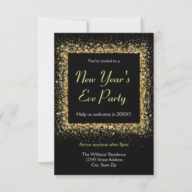Gold Glitzer Frame - 3x5 Silvester Party Einladung (Vorderseite)