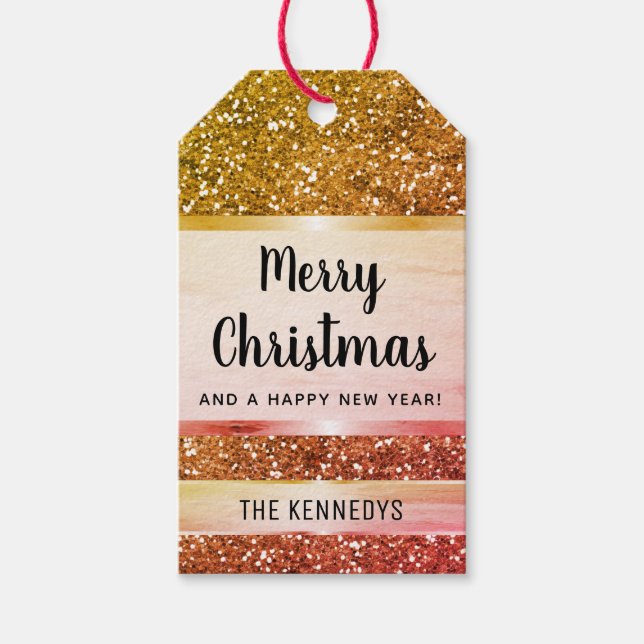 Gold Glitzer Frohe Weihnachten Personalisiert Geschenkanhänger (Vorderseite)