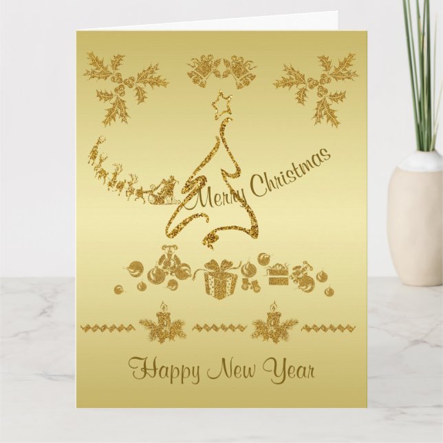 Gold Glitzer Frohe Weihnachten, Weihnachtsmann auf Karte (Vorderseite)