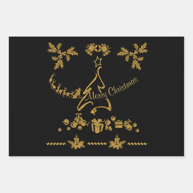Gold Glitzer Frohe Weihnachten, Weihnachtsmann Geschenkpapier Set (Vorderseite)