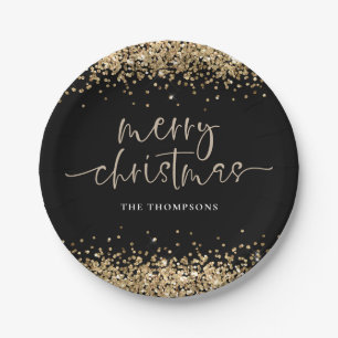 Gold Glitzer Frohe Weihnachts-Party Black Pappteller