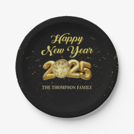 Gold Glitzer Frohes neues Jahr 2025 Papierplatte Pappteller