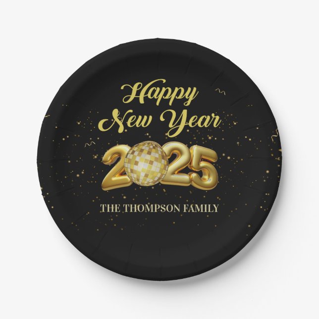Gold Glitzer Frohes neues Jahr 2025 Papierplatte Pappteller (Vorderseite)