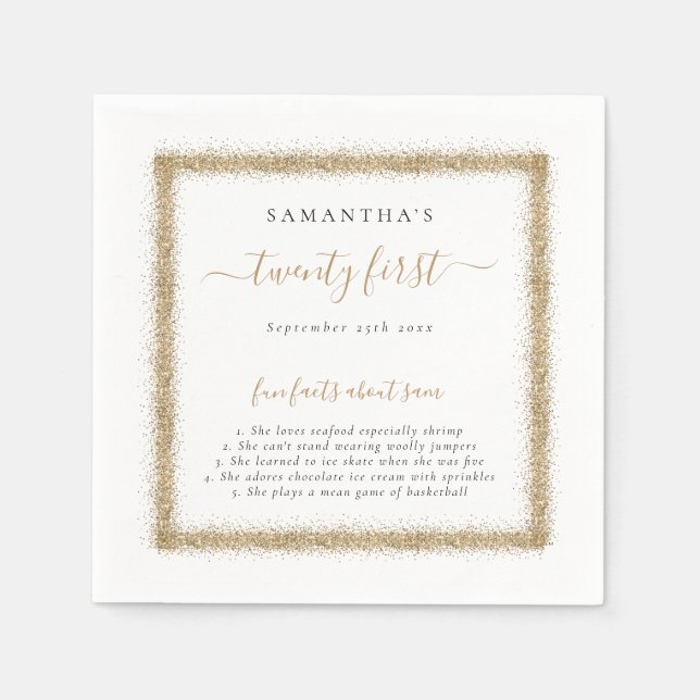 Gold Glitzer Fun Fakten Name Datum 21. Party Serviette (Vorderseite)