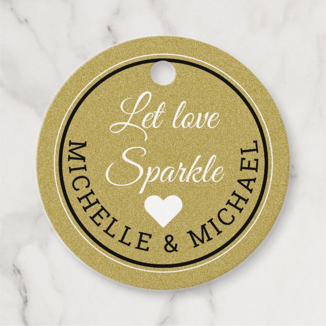Gold Glitzer Gastgeschenk Hochzeit Lass Liebe Spar Geschenkanhänger (Vorderseite)