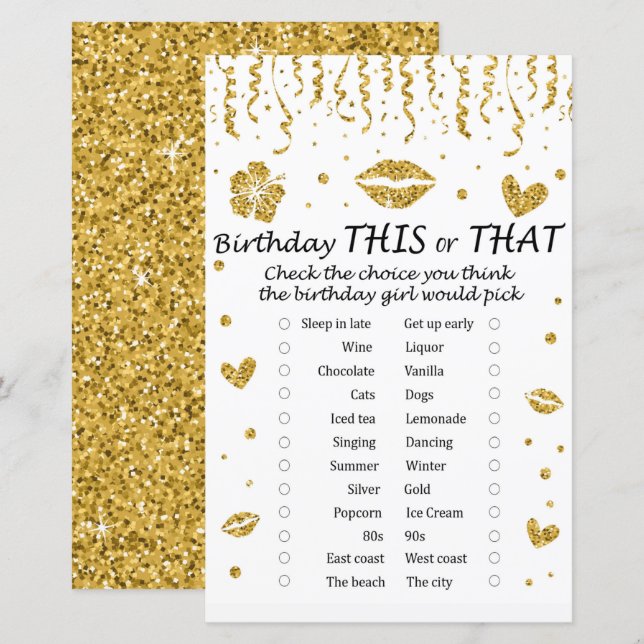 Gold Glitzer Geburtstag Dieses oder jenes Spiel (Vorne/Hinten)
