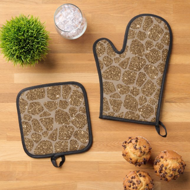 Gold Glitzer Giraffe Print Ofenhandschuh & Topflappen-Set (Oben Unten)