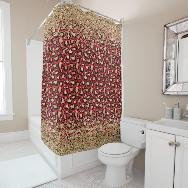 Gold Glitzer Girly Glam Red Leopard Duschvorhang (Beispiel)