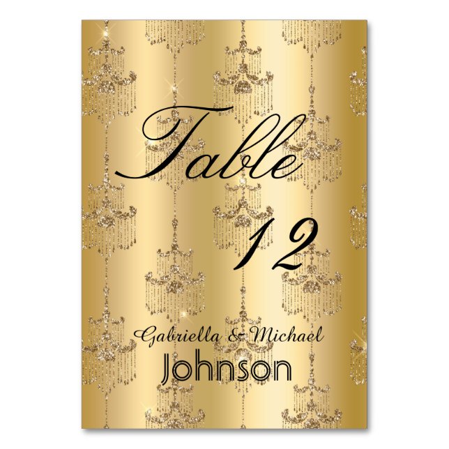 Gold Glitzer Glam Chandeliers Tischnummer (Vorderseite)