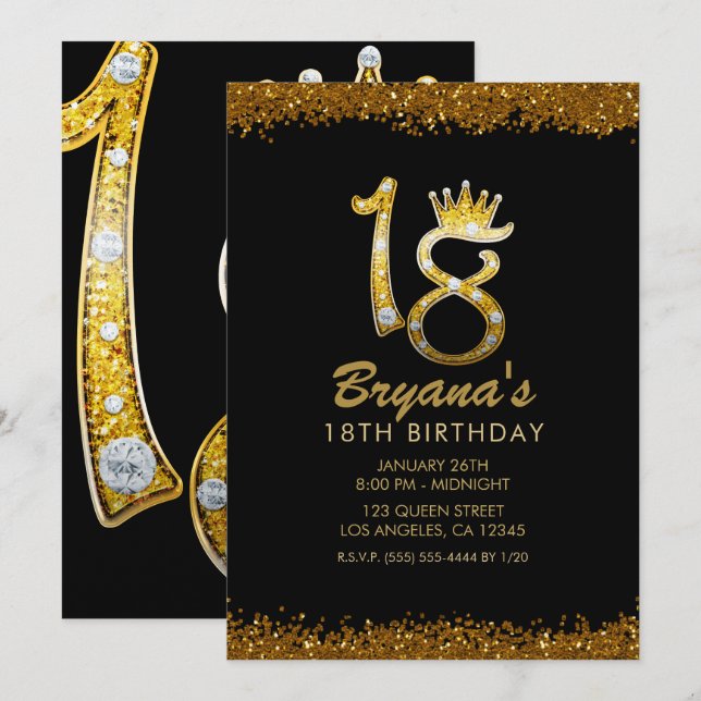 Gold Glitzer Glam Crown Diamond Bling 18. Einladung (Vorne/Hinten)