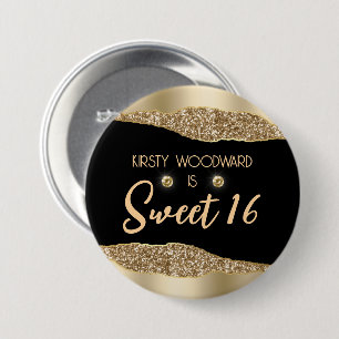 Gold Glitzer Glam Edge & Diamonds Sweet 16 Button