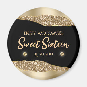 Gold Glitzer Glam Edge & Diamonds Sweet 16 Magnet