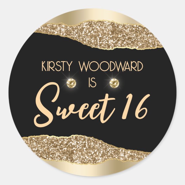 Gold Glitzer Glam Edge & Diamonds Sweet 16 Runder Aufkleber (Vorderseite)