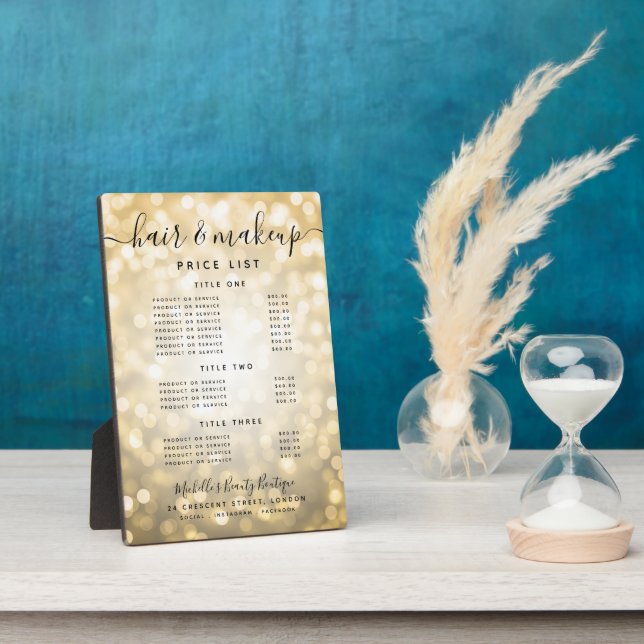 Gold Glitzer Glam Lights Salon Preismenü Fotoplatte (Seite)