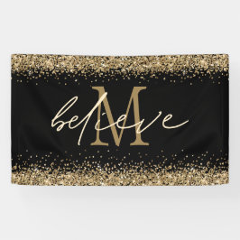 Gold Glitzer glaubt Script Monogram Erstschwarz Banner