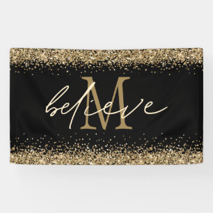 Gold Glitzer glaubt Script Monogram Erstschwarz Banner