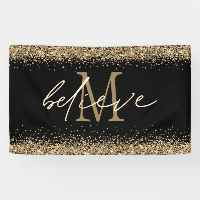 Gold Glitzer glaubt Script Monogram Erstschwarz Banner (Horizontal)