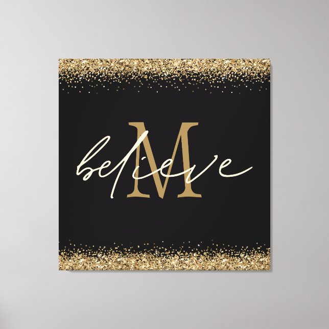 Gold Glitzer glaubt Script Monogram Erstschwarz Leinwanddruck (Vorderseite)