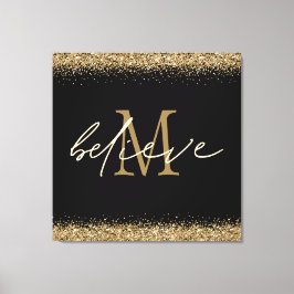 Gold Glitzer glaubt Script Monogram Erstschwarz Leinwanddruck