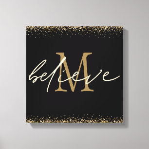 Gold Glitzer glaubt Script Monogram Erstschwarz Leinwanddruck