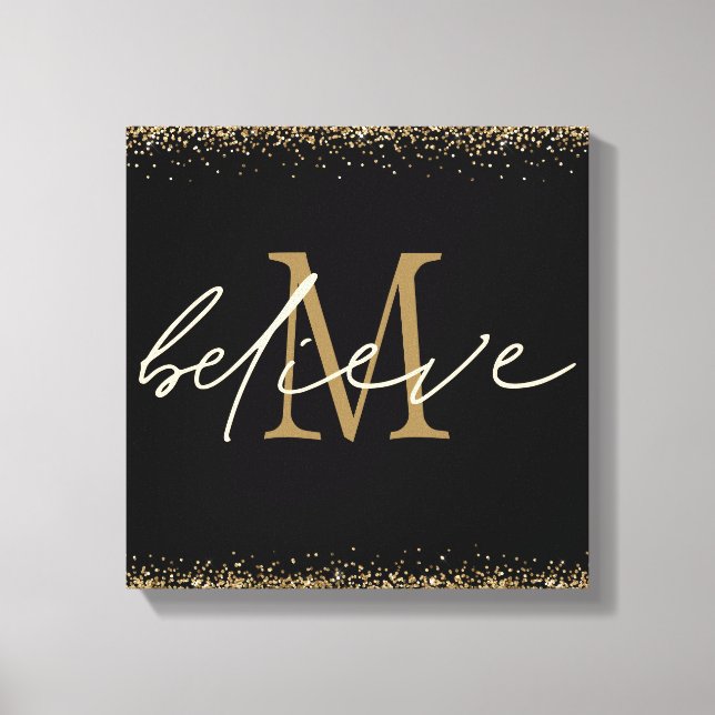 Gold Glitzer glaubt Script Monogram Erstschwarz Leinwanddruck (Vorderseite)