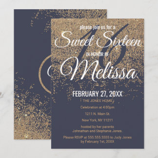 Gold Glitzer Glitzern Navy Blue Sweet 16 Einladung