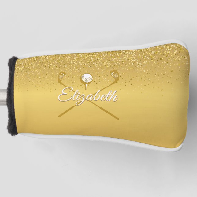 Gold Glitzer Golf Ball Klassischer Skriptname Headcover (Vorderseite)