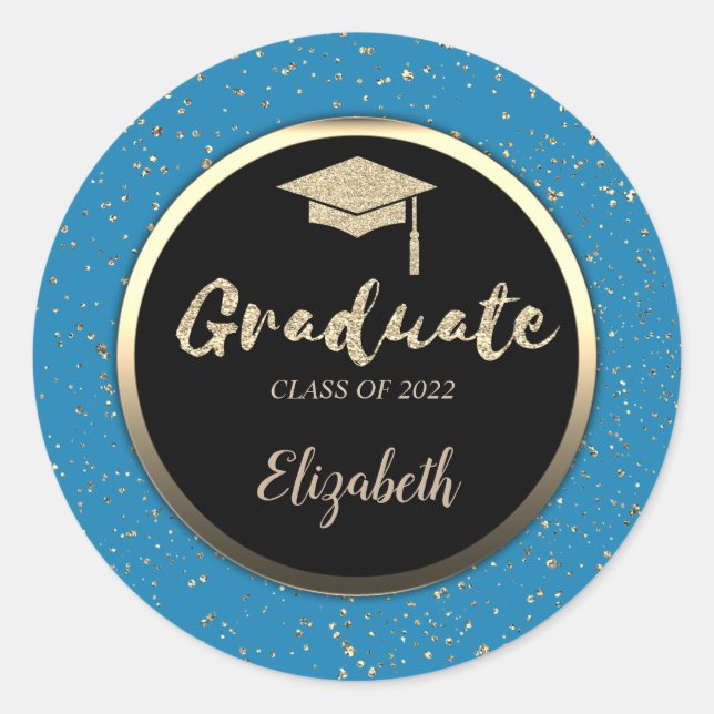 Gold Glitzer Grad Cap, Confetti Blue Runder Aufkleber (Vorderseite)