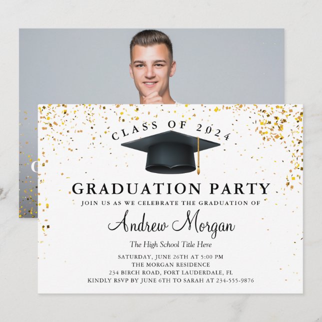 Gold Glitzer Grad Cap Graduation Party Foto Einladung (Vorne/Hinten)