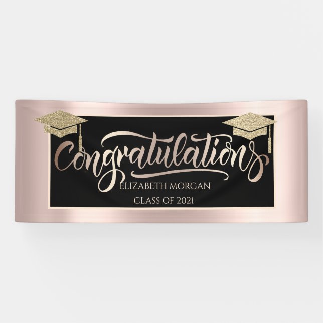 Gold Glitzer Grad Cap Rose Gold Banner (Horizontal)