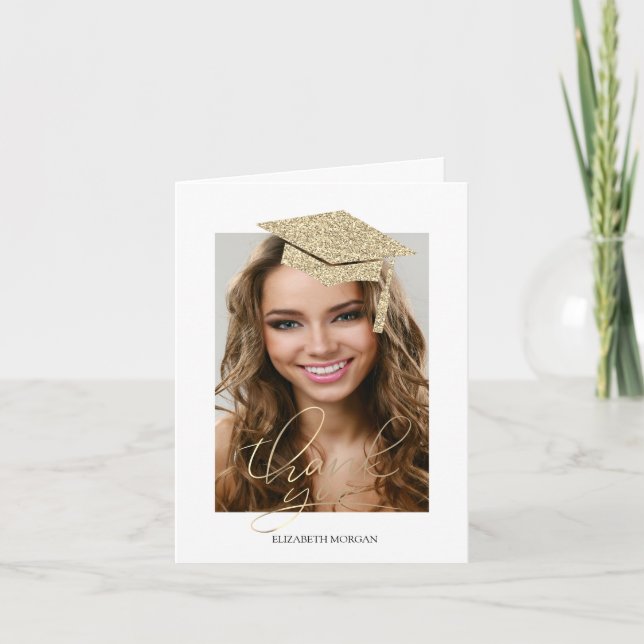 Gold Glitzer Graduation Cap Calligraphy Foto Dankeskarte (Vorderseite)