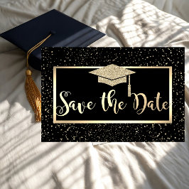 Gold Glitzer Graduation Cap, Confetti Save the Dat Date