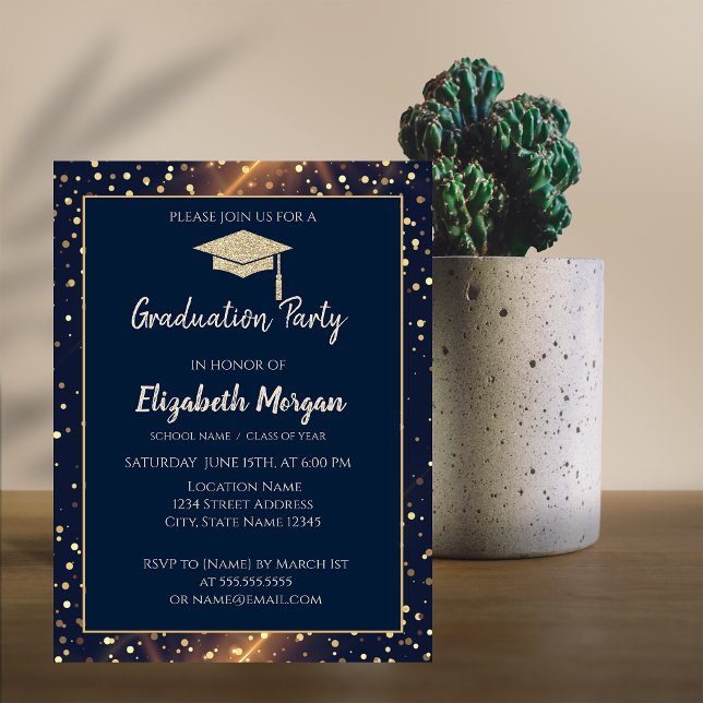 Gold Glitzer Graduation Cap, Polka Dots, Navy Blue Einladung (Von Creator hochgeladen)