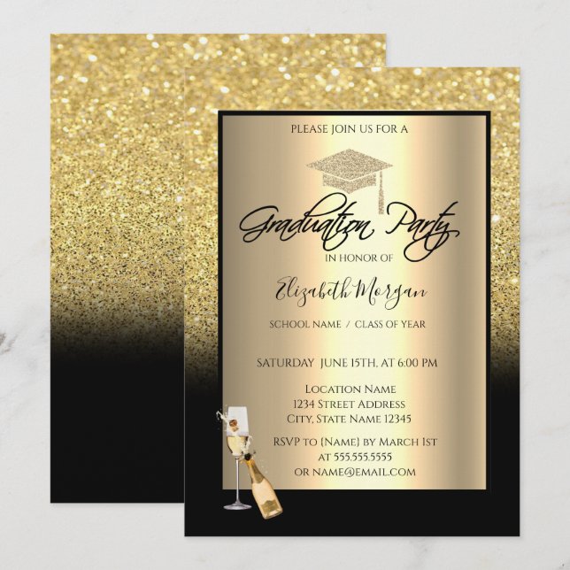 Gold Glitzer Graduation Cap, Wein, Abschluss aus G Einladung (Vorne/Hinten)
