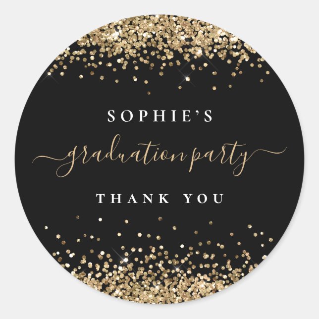 Gold Glitzer Graduation Party Black Danke Runder Aufkleber (Vorderseite)