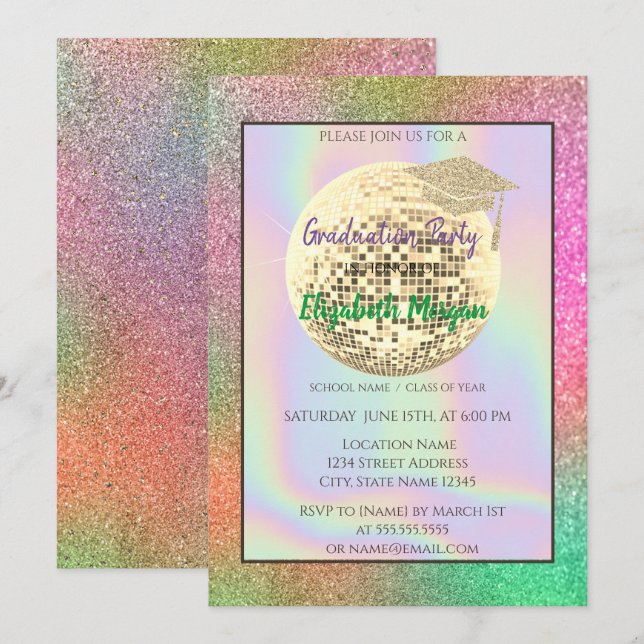 Gold-Glitzer-Graduierungskappe, Disco-Ball, farben Einladung (Vorne/Hinten)